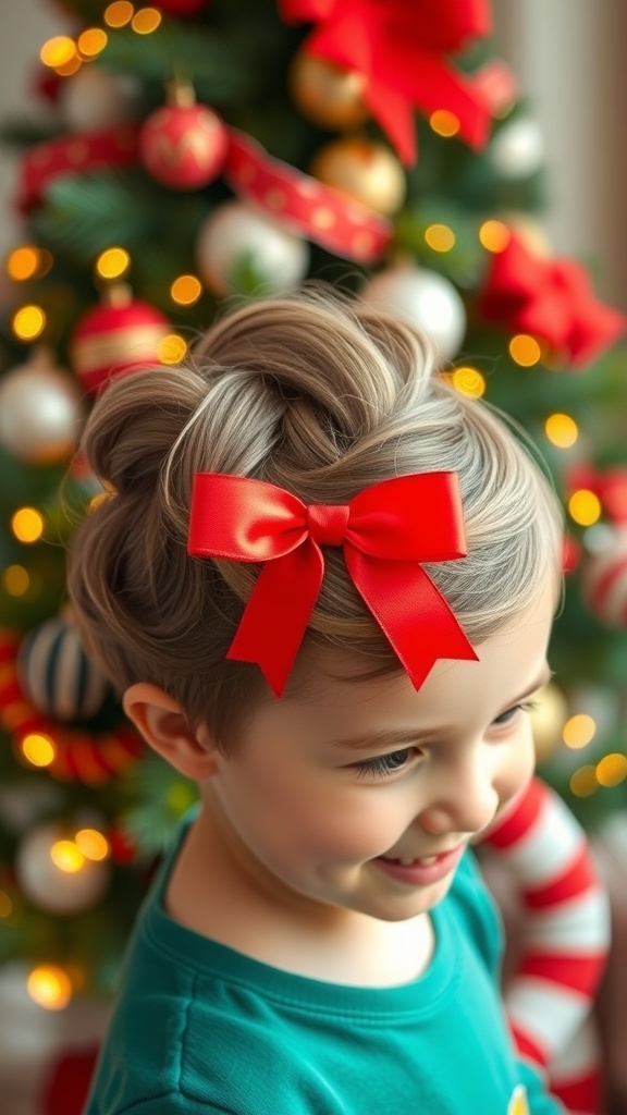 Simple Christmas Hairstyles for Short Hair Kids A child with a twisted half-updo hairstyle, wearing a red ribbon, in front of a Christmas tree.